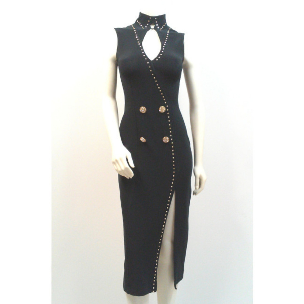 Black Bodycon Keyhole Neck Gold Studded Dress